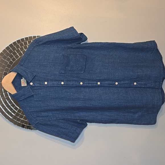 Faherty Indigo Basketweave Short Sleeve Palma Linen Button Front Shirt NWOT - Picture 4 of 15